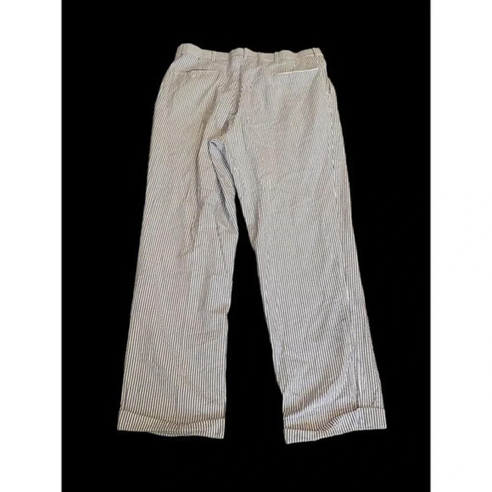 Berle Blue White‎ Seersucker Pants Pleated Cuffed 36R Cotton 29” inseam